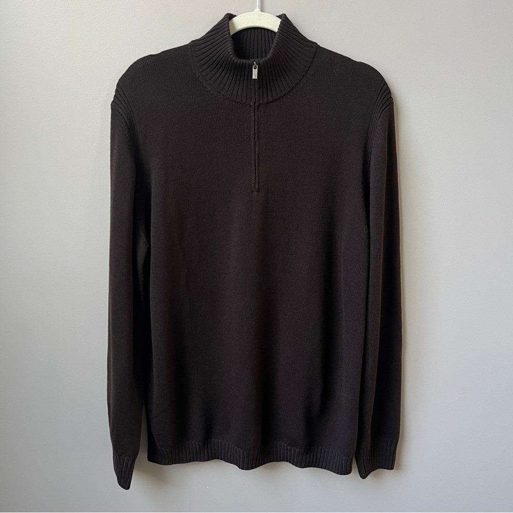 Faconnable Sweater Men's Large 100% Merino Wool Quarter Zip Brown Knit Classic